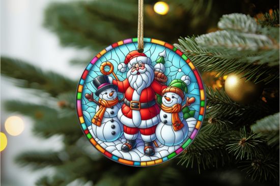 Stained Glass Santa and Snowmen Ornament