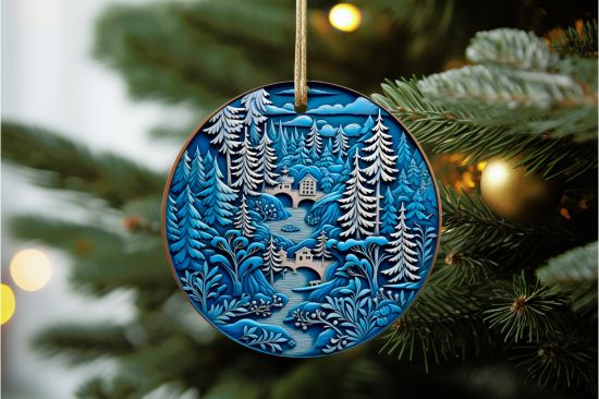 Wood Design Blue Village Ornament
