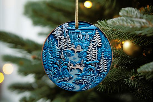 Wood Design Blue Village Ornament